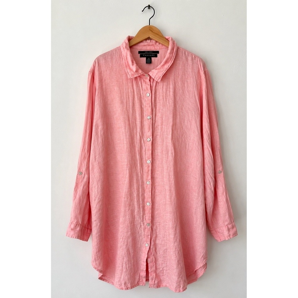 Tahari Linen Button Down Tunic Women 1X Pink Roll Tab Sleeve Shirt Lagenlook